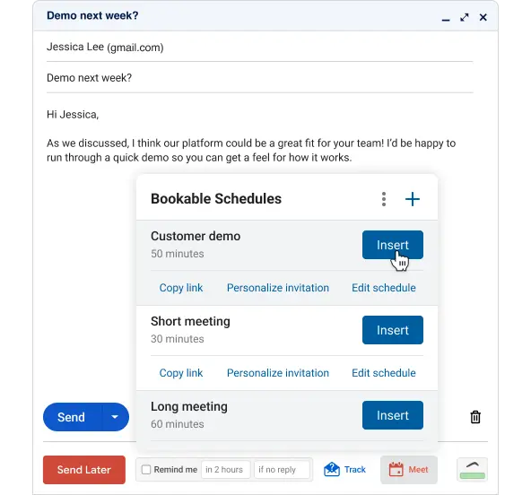 Set up a schedule of available times once, share with anyone with Bookable Schedule.